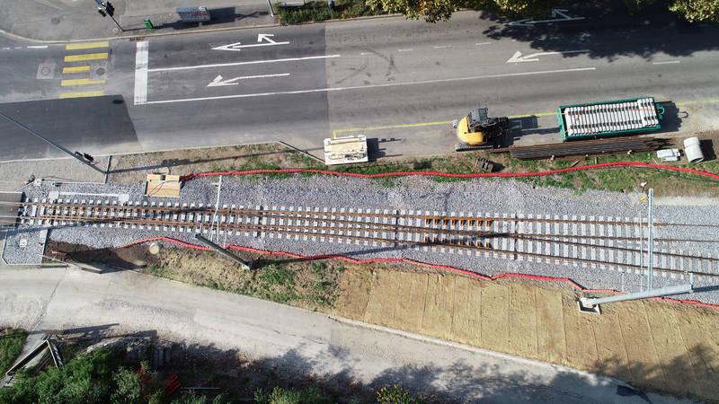 Luftaufnahme der ersten in der Schweiz installierten Weiche System W auf der Strecke Vevey – Les Pléiades